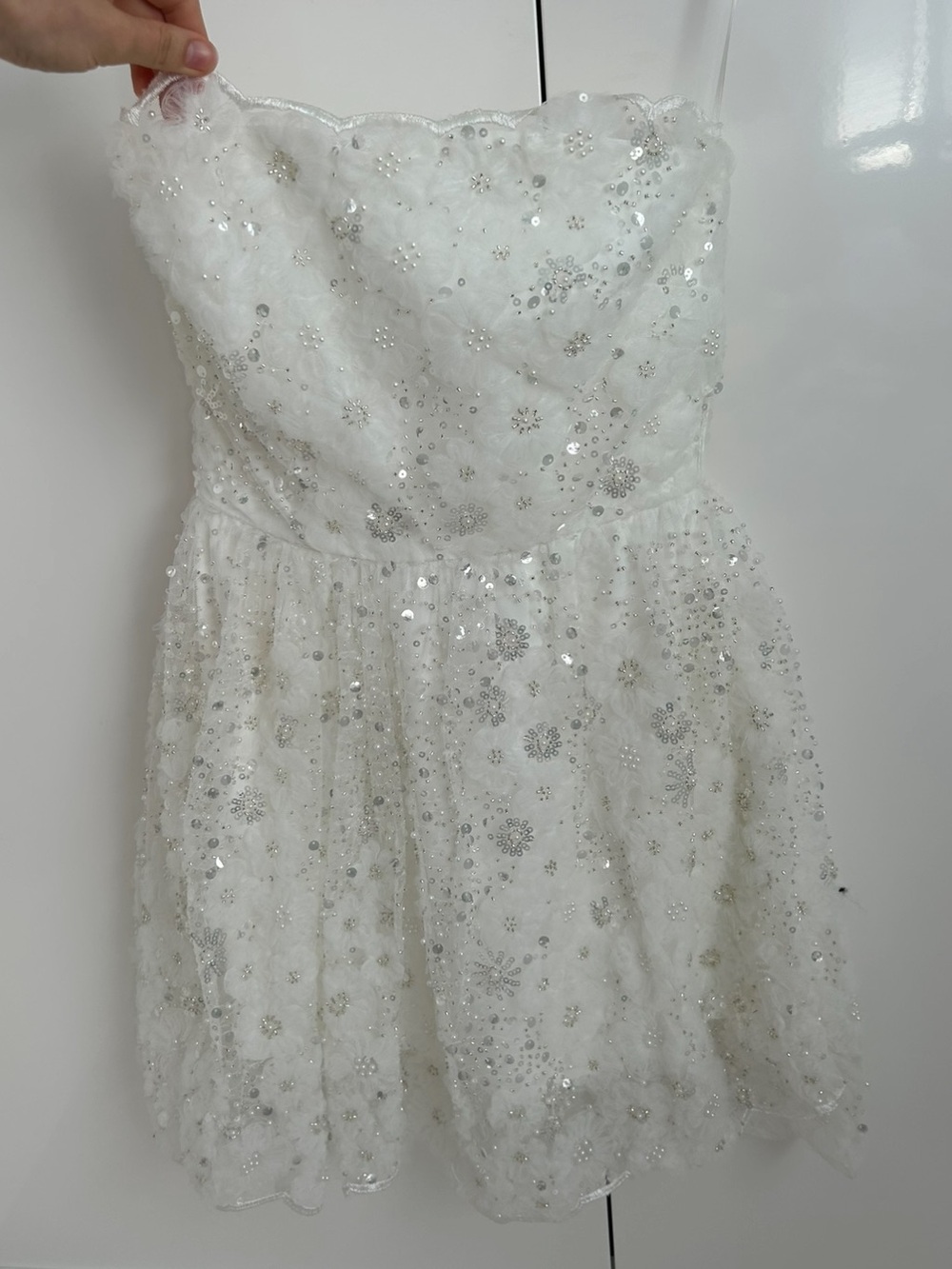 Altar'd State White Sequin Floral Strapless Mini Dress